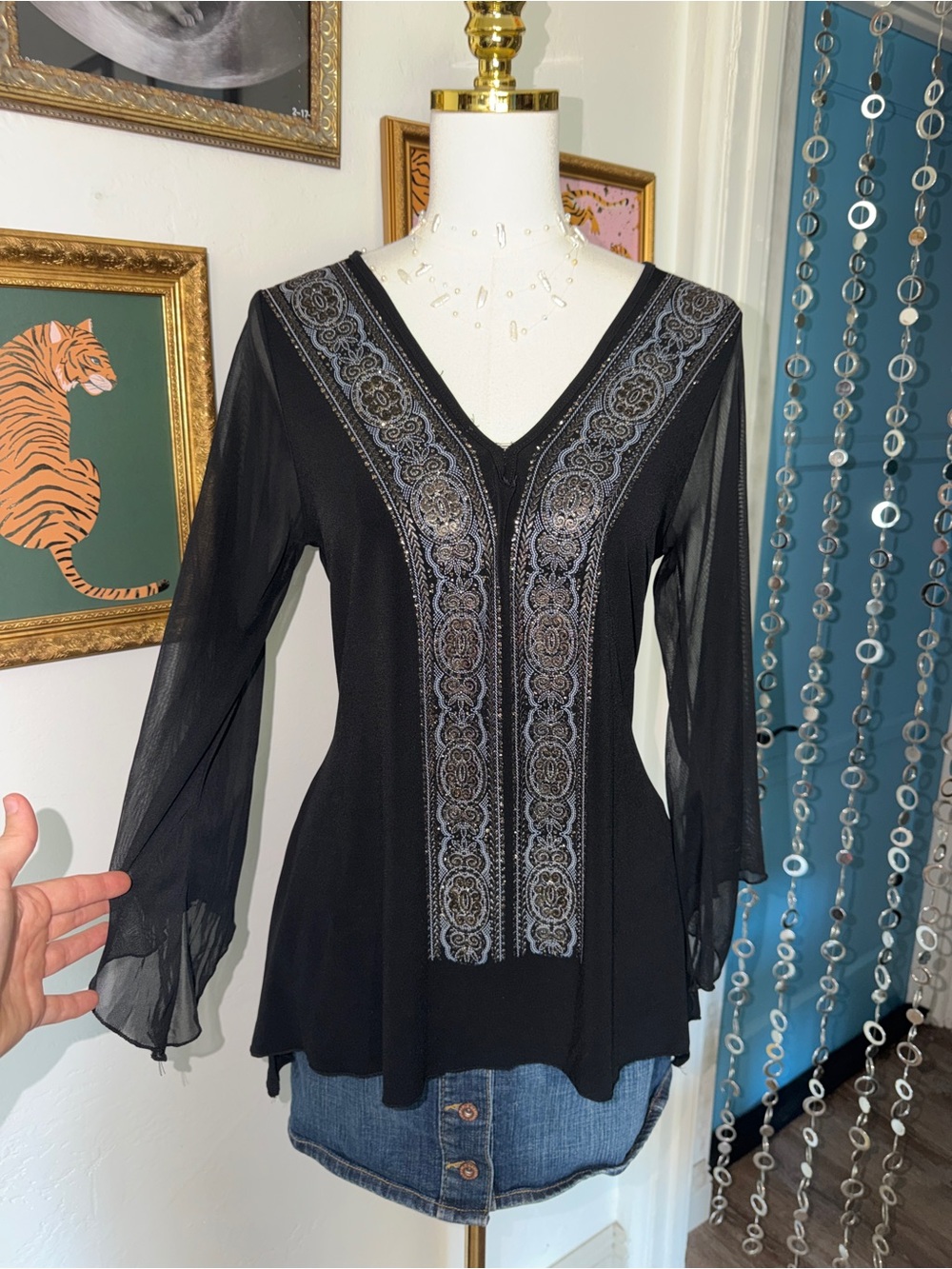 Vintage Y2K Black Embroidered V-Neck Bell Sleeve Top